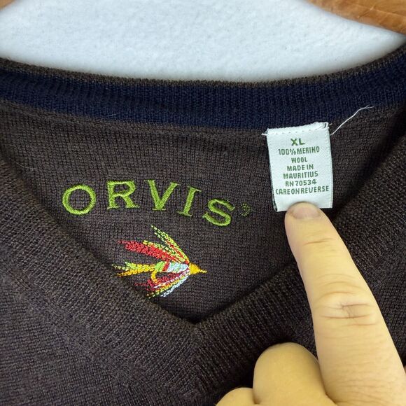Orvis‎ Sweater Mens XL Brown 100% Merino Wool V Neck Pullover Dad Preppy Golf - Picture 5 of 6